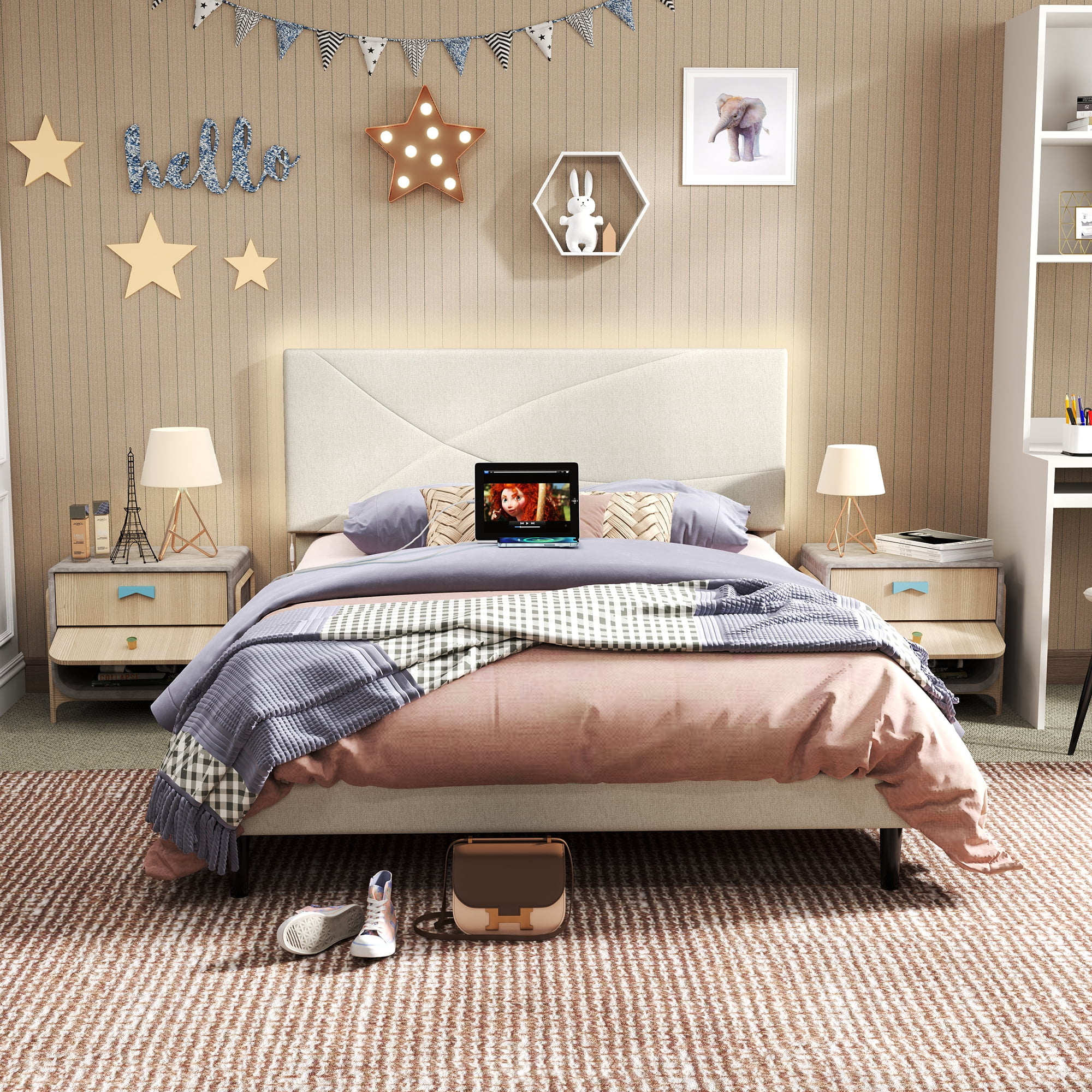 Homy Casa Queen LED Lights and USB Charging Station Upholstered Platform Bed, Beige Fabric