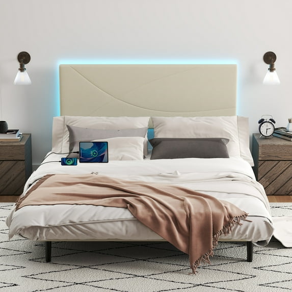 Homy Casa Queen Size Platform Bed Frame with USB Ports Adjustable LED Light Strip Upholstered Headboard, 800 lbs Support Easy Assembly No-Noise, Beige