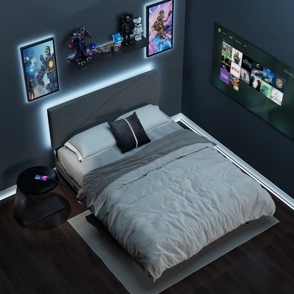 Homy Casa Queen Size Platform Bed Frame with USB Ports Adjustable LED Light Strip Upholstered Headboard, 800 lbs Support Easy Assembly No-Noise, Grey