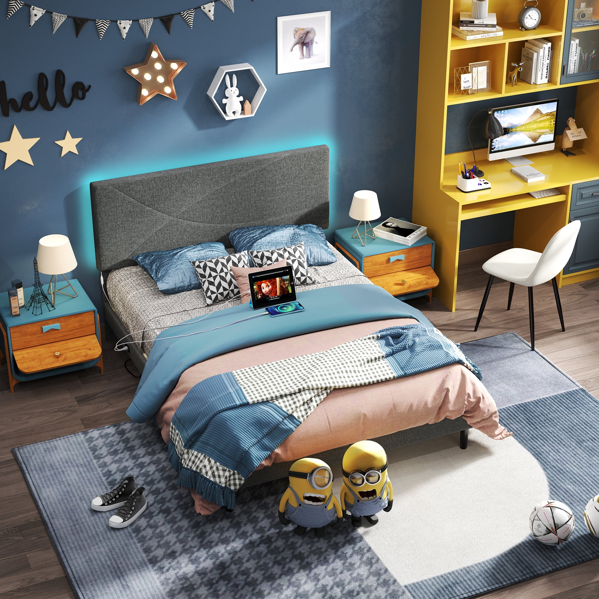 Homy Casa Queen LED Lights and USB Charging Station Upholstered Platform Bed, Gray Fabric