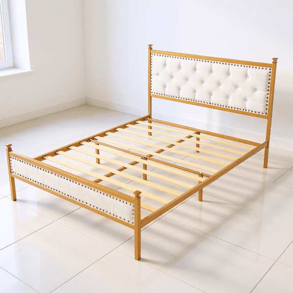 Homy Casa Queen Upholstered Bed Frame with Soft Padded Headboard and Gold Metal Frame & Wood Slat