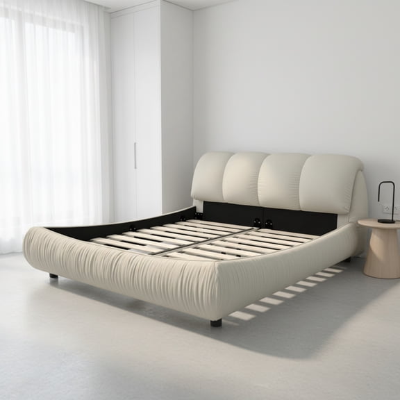 Homy Casa Queen Upholstered Platform Bed with Oversized Padded Headboard, Wood Slats, Beige