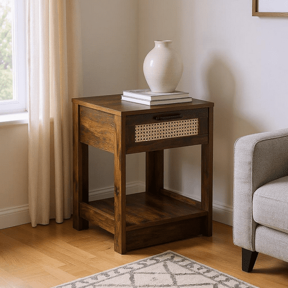 Homy Casa Rattan Front Accent Cabinet with Storage Shelf for Living Room Corner Decor, Brown