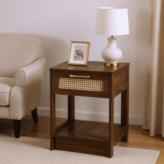 Homy Casa Rattan Front Accent Cabinet with Storage Shelf for Living Room Corner Decor, Walnut