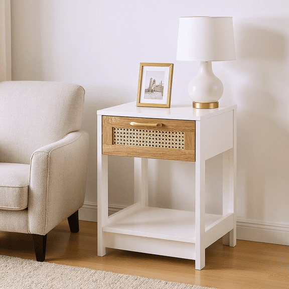 Homy Casa Rattan Front Accent Cabinet with Storage Shelf for Living Room Corner Decor, White