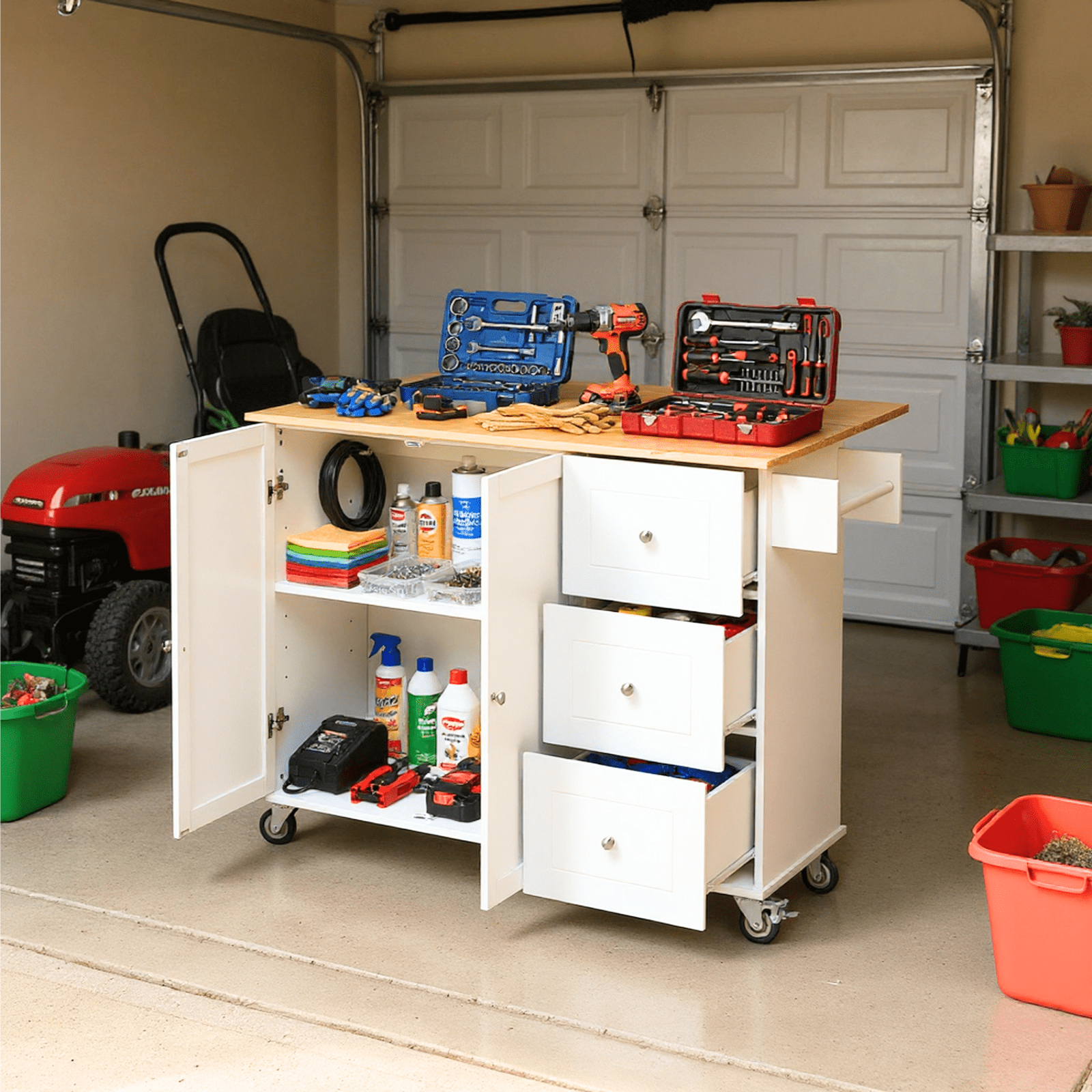 Homy Casa Rolling Garage Storage Cabinet, 52.7" Mobile Utility Workbench with Drawers and Doors