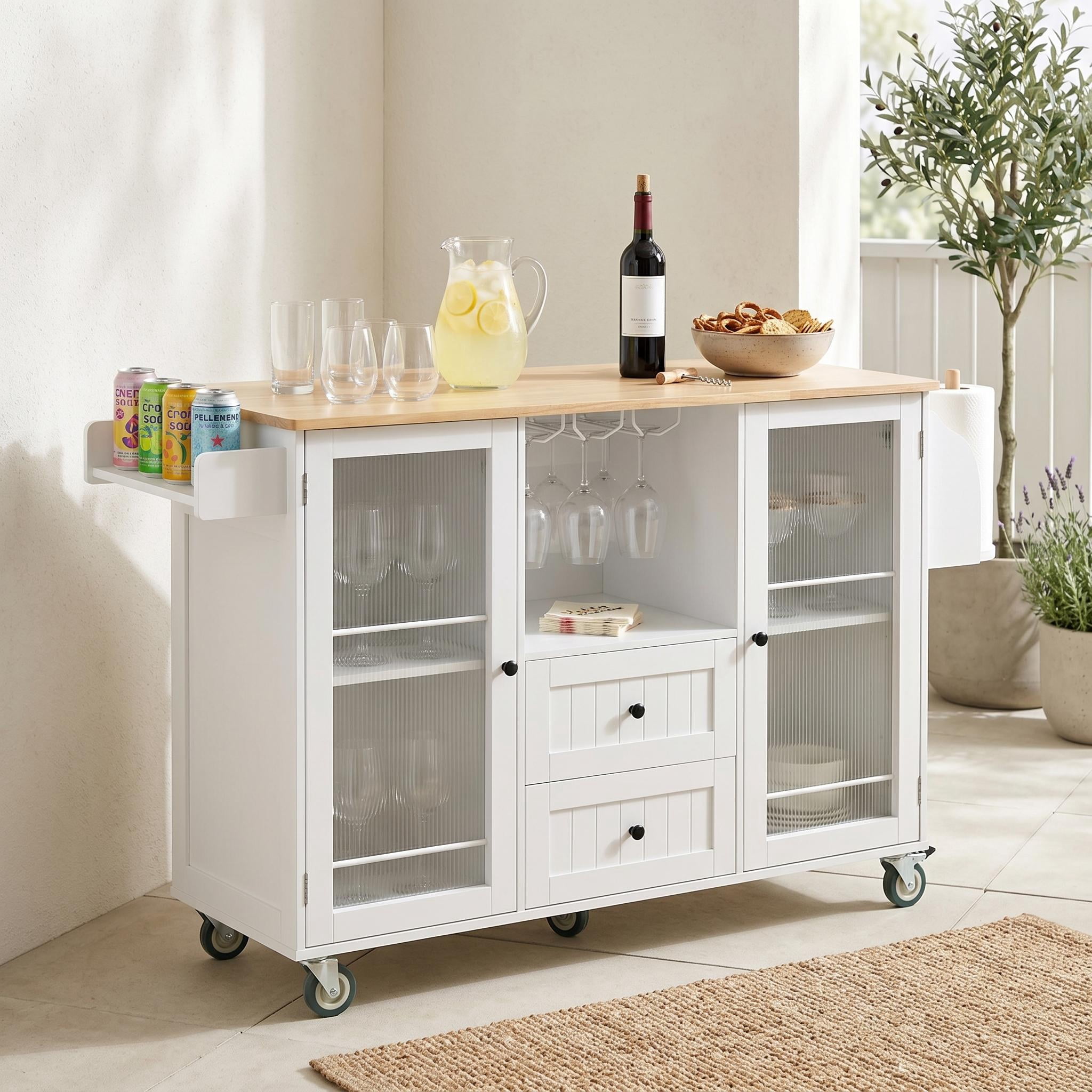 Homy Casa Rolling Kitchen Island Cart with Drop Leaf, Storage Cabinet, 2 Drawers & Wheels, White/Natural, for Small Kitchen, Dining Room, Coffee Bar