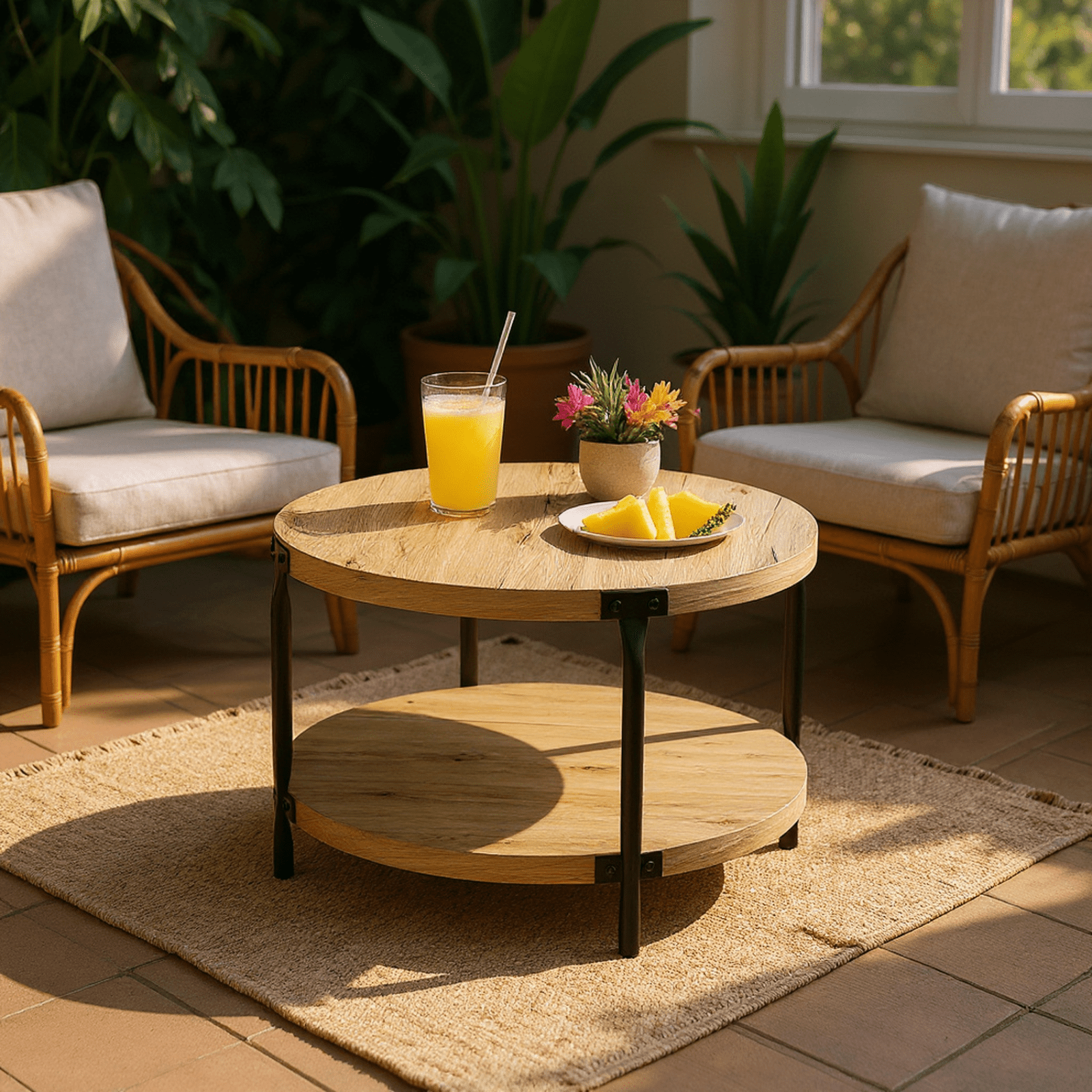 Homy Casa Round 2-Tier Coffee Table with Storage Shelf, Rustic Wood Finish, Black Iron Legs