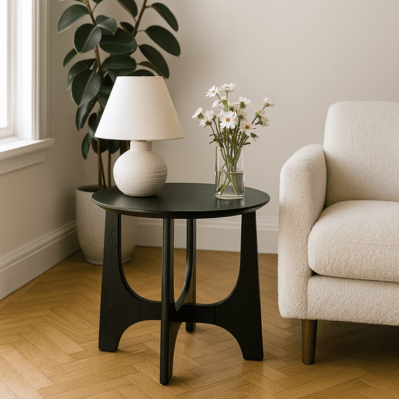 Homy Casa Round Black Wood Side Table for Living Room, Modern End Table for Reading Corner
