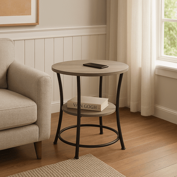 Homy Casa Round End Table with Storage Shelf for Living Room Sofa Side and Small Space, Brown