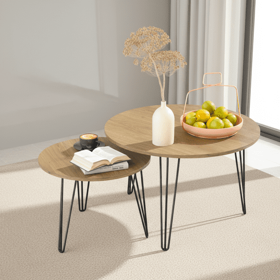 Homy Casa Round Nesting Coffee Table Set of 2, Faux Marble or Wood Look Top, Metal Legs