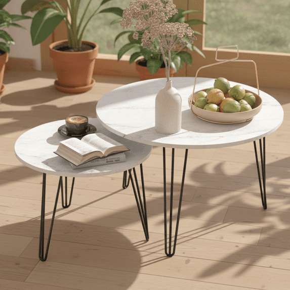 Homy Casa Round Nesting Coffee Table Set of 2, Faux Marble or Wood Look Top, Metal Legs