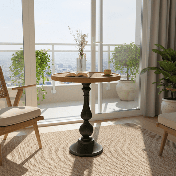 Homy Casa Round Pedestal End Table, Vintage Wood Side Table for Living Room, Bedroom, Balcony