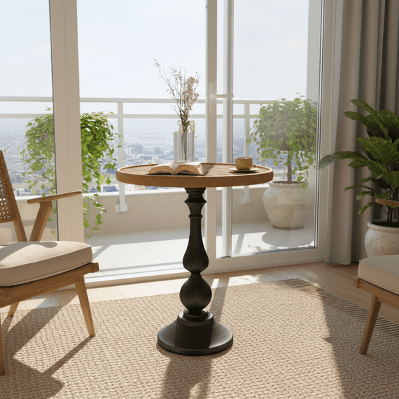 Homy Casa Round Pedestal End Table, Vintage Wood Side Table for Living Room, Bedroom, Balcony