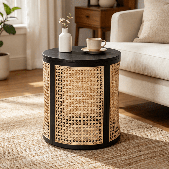 Homy Casa Round Rattan Side Table, 15.7 in Black End Table with Removable Lid Storage