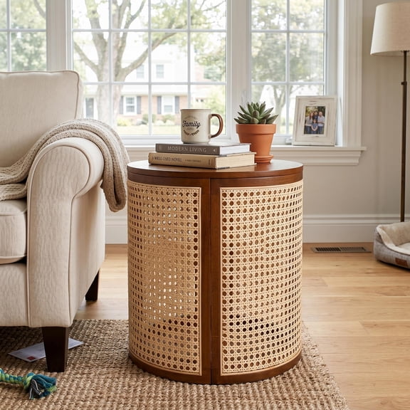 Homy Casa Round Rattan Side Table, 15.7 in Brown End Table with Removable Lid Storage for Living Room