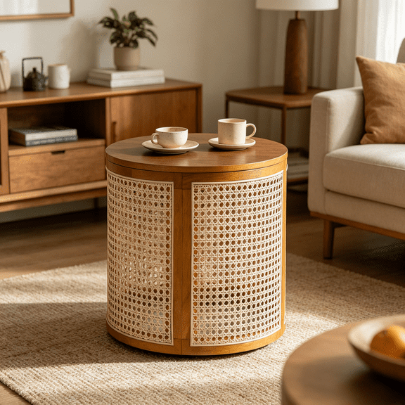 Homy Casa Round Rattan Side Table, 15.7 in Natural End Table with Removable Lid Storage