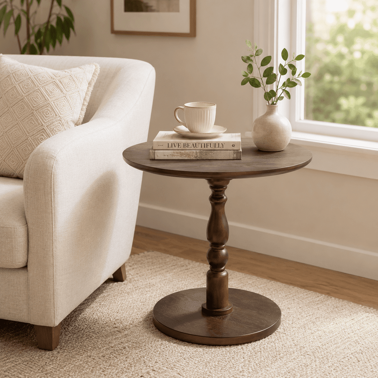 Homy Casa Round Side Table, 23.22 in Small Pedestal End Table for Living Room Bedroom, Walnut