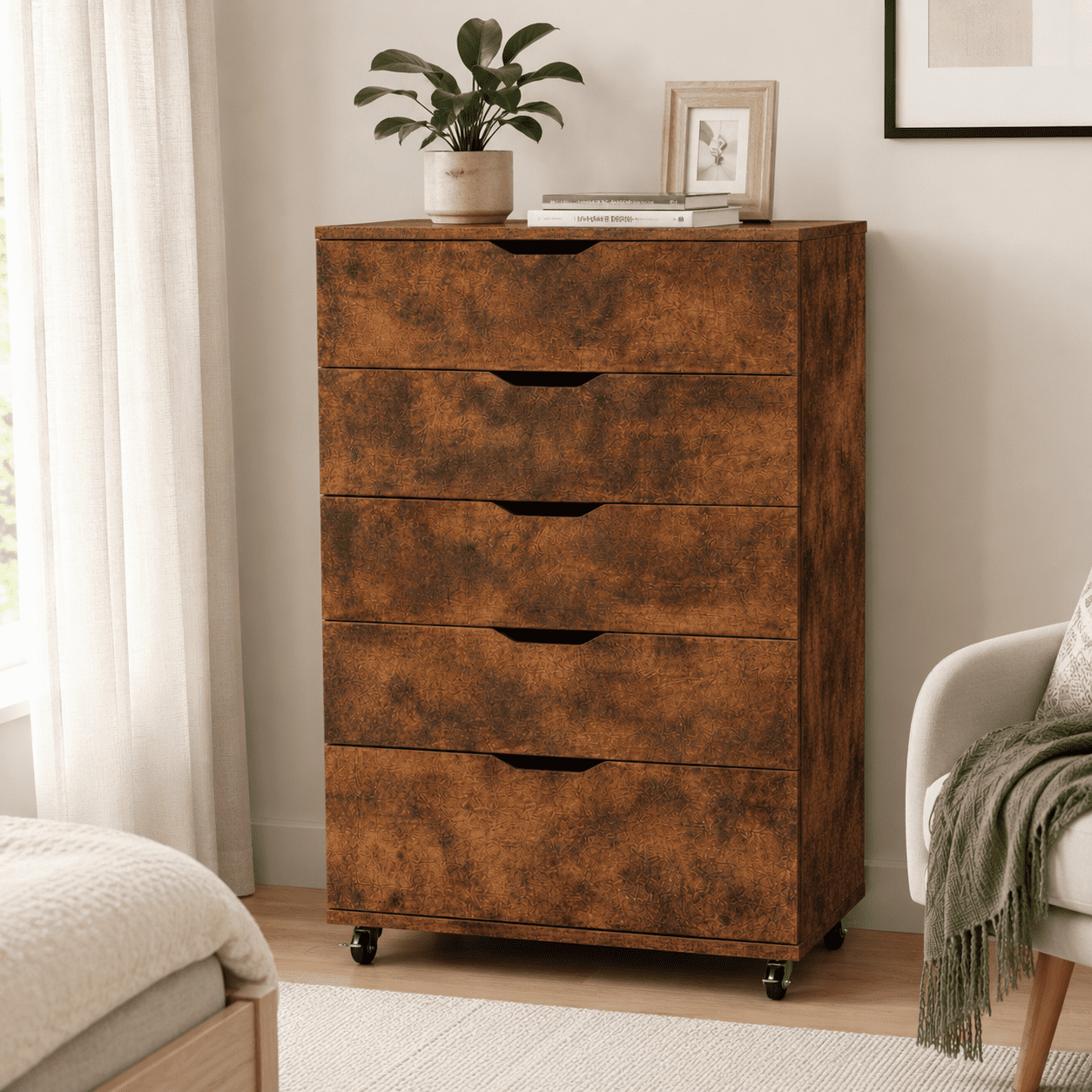 Homy Casa Rustic Brown 5 Drawer Dresser on Wheels for Bedroom Office