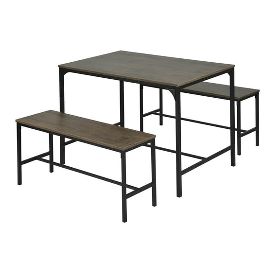 Homy Casa Rustic Brown Kitchen Dining Table Set with 2 Space-Saving Benches