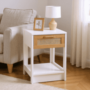 Homy Casa Rustic Rattan Side Table with Drawer and Shelf, End Table for Living Room Sofa Storage, White