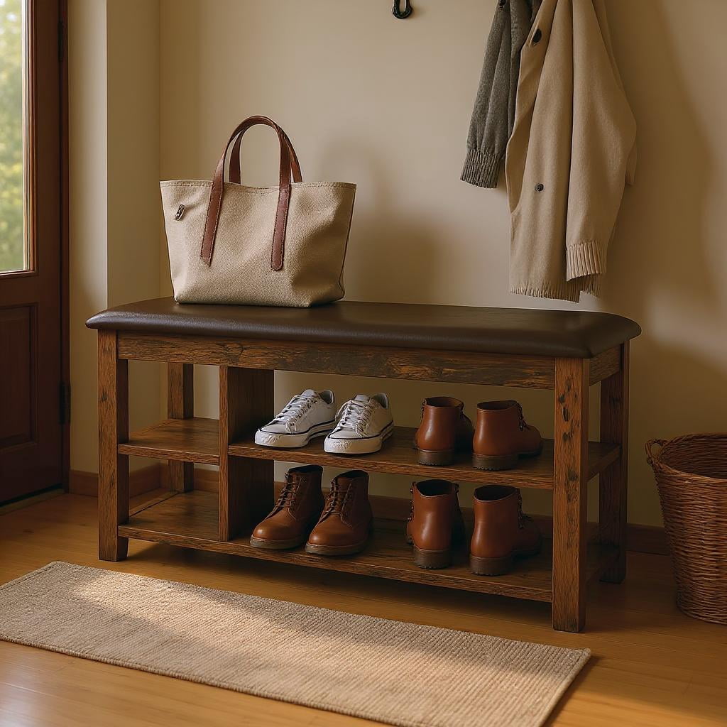 Small Sign Storage Rack Homy Casa Rustic Solid Wood Entryway Bench with Storage Shoe Organizer ...