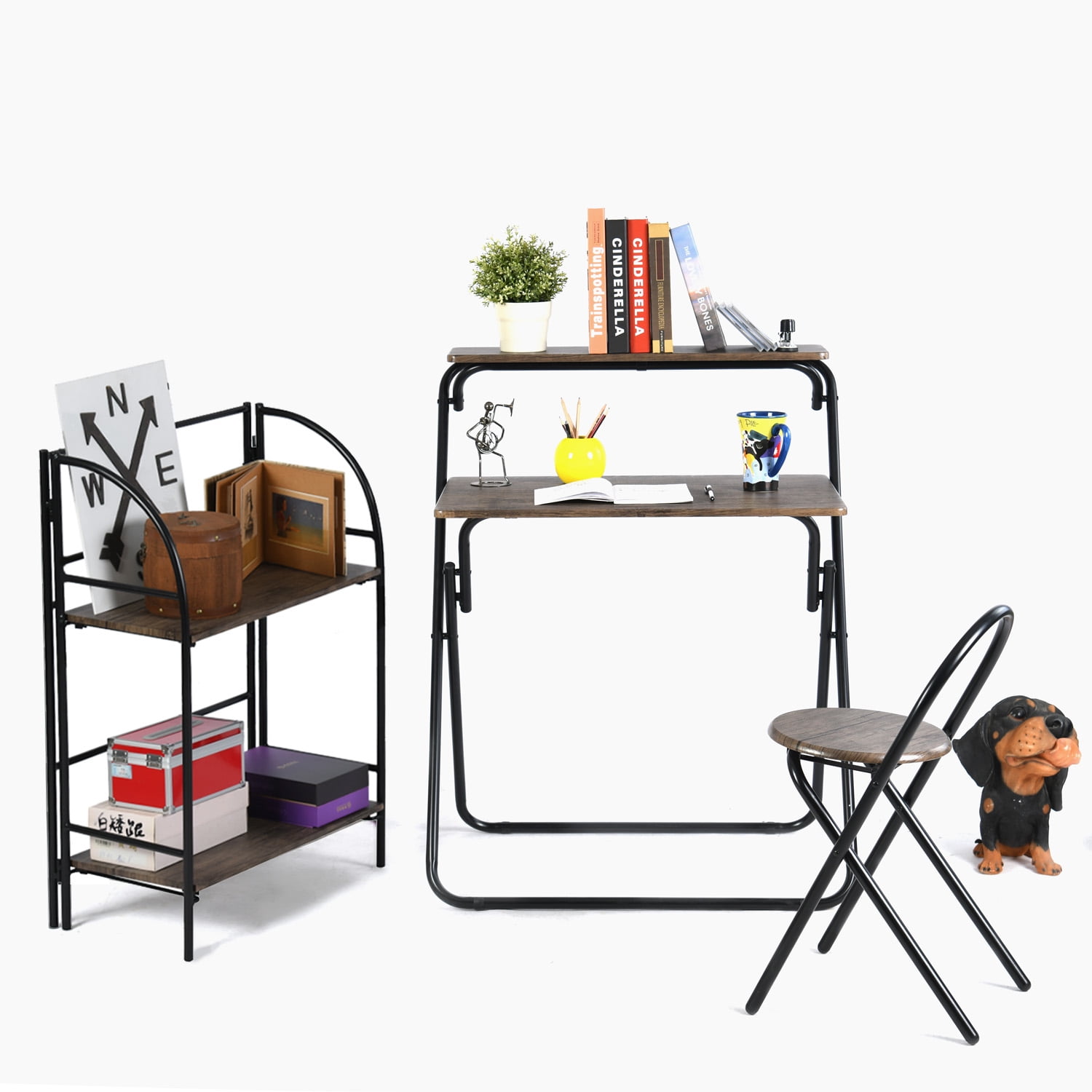 Homy Casa Set of 3 Desk & Chair & 2Tier Shelves Study Folding Set