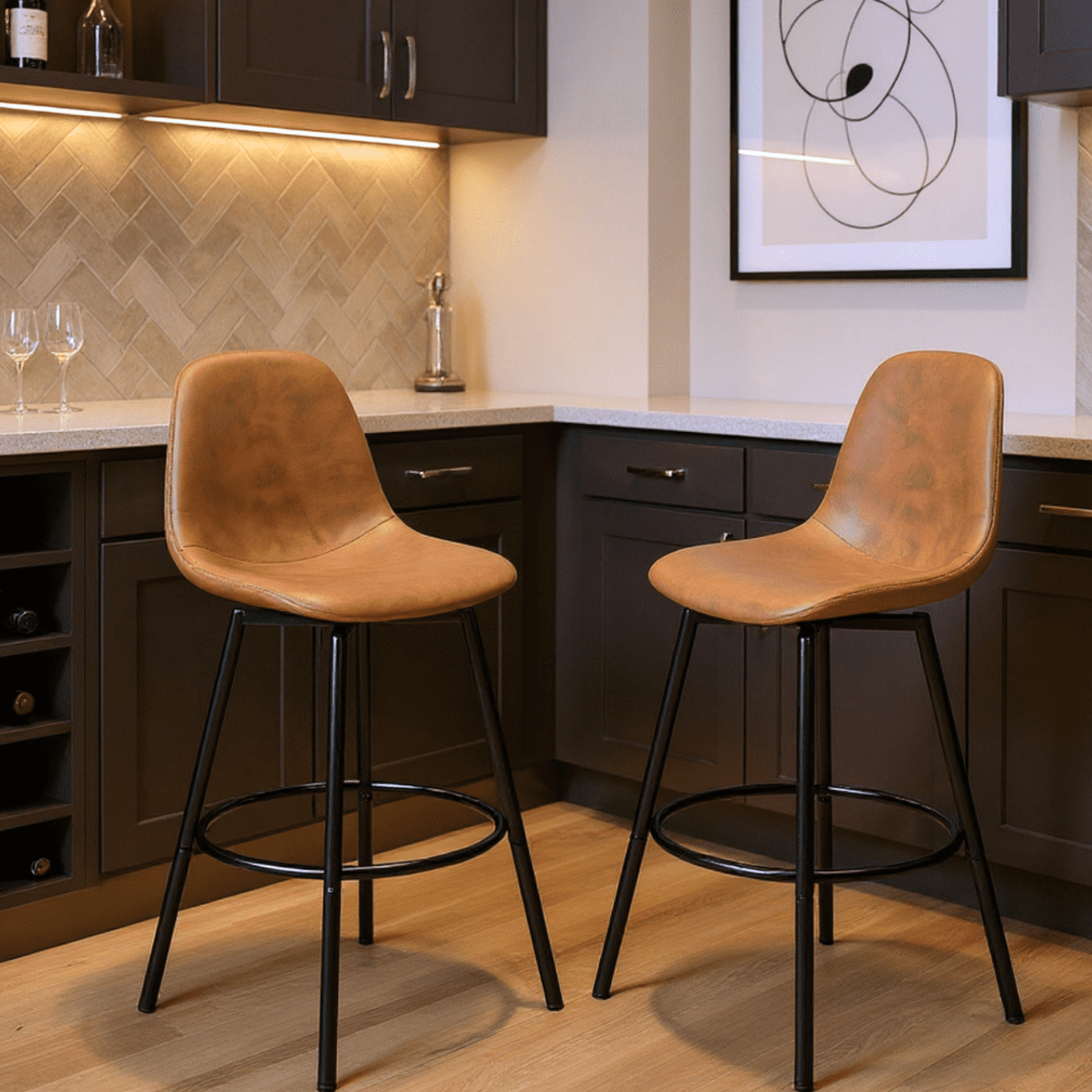 Homy Casa Set of 2 Bar Stools, Faux Leather Upholstered Seat with Black Metal Frame, Brown