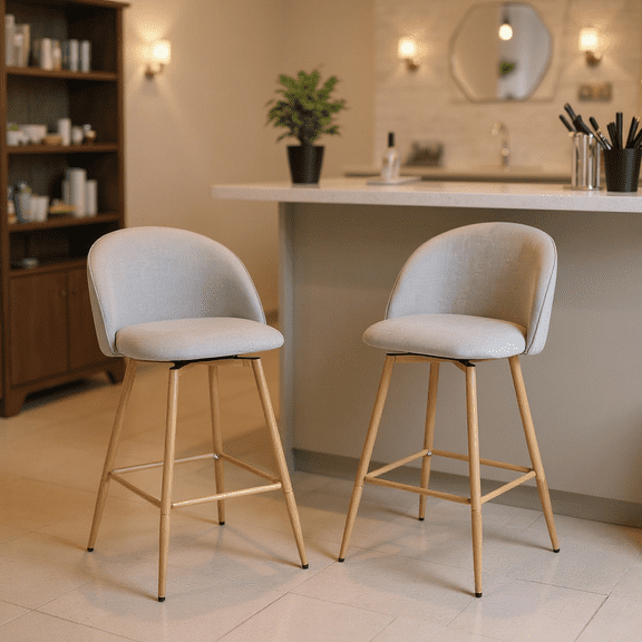 Homy Casa Set of 2 Bar Stools with Upholstered Seat and Wooden Legs, 26" Seat Height for Salon Reception, Nail Salon Counter, and Beauty Spa