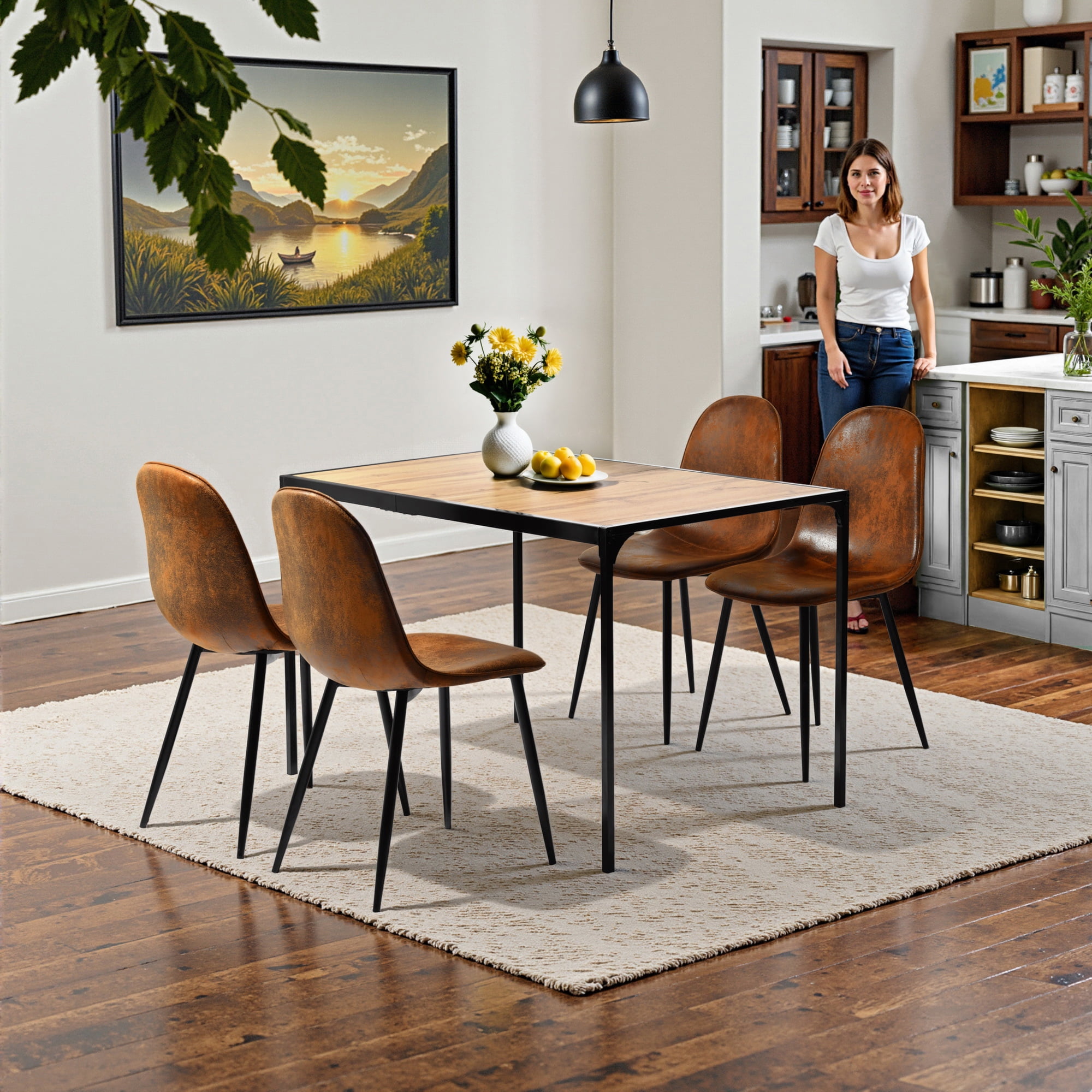 Set of 4 Brown Suede Upholstered Side Chairs with Metal Legs