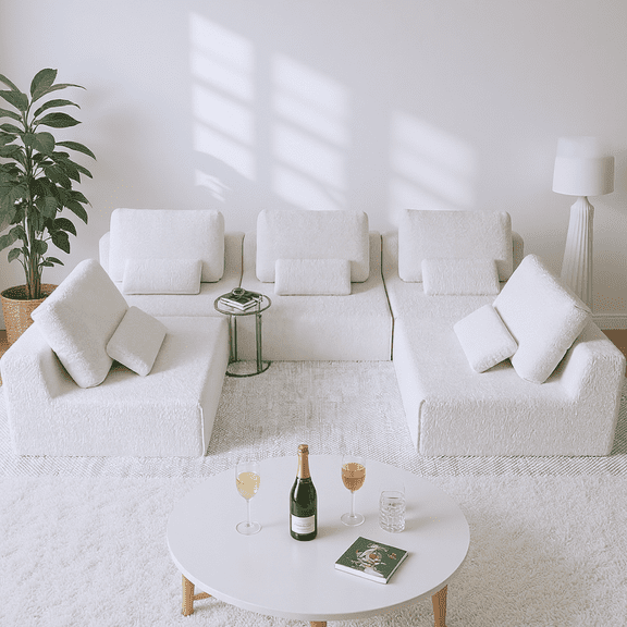 Homy Casa Single Modular Sofa Seat, Chenille Armless Lounge for Living Room, Cream White