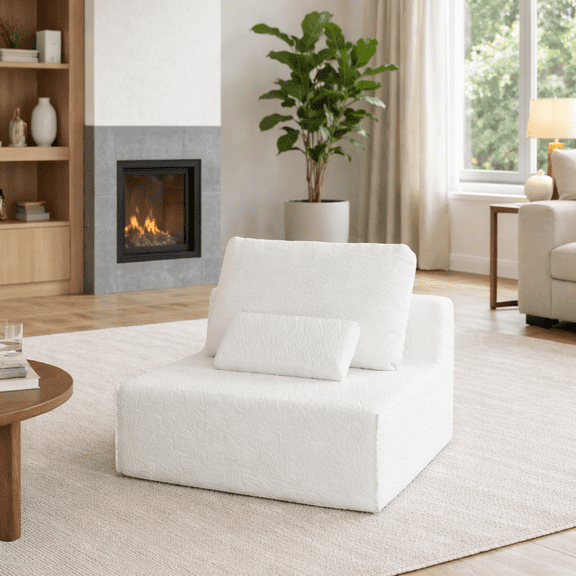 Homy Casa Single Modular Sofa Seat, Chenille Armless Lounge for Living Room, Cream White