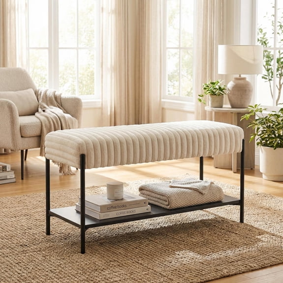 Homy Casa Single-Piece Texas Faux Fur Upholstered Ottoman Coffee Table 30.7" Beige