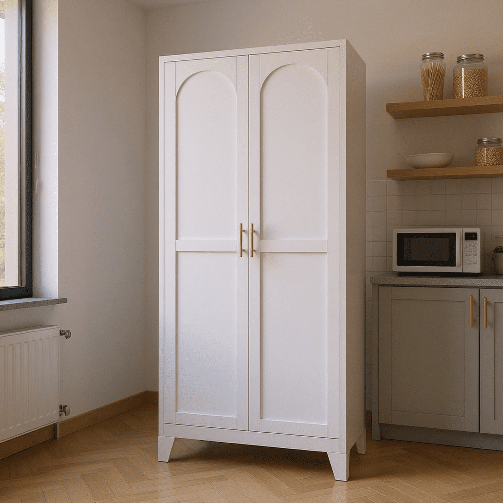 Homy Casa Slim Pantry Cabinet with Adjustable Shelves, 2-Door Kitchen Storage, White