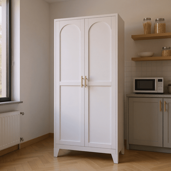 Homy Casa Slim Pantry Cabinet with Adjustable Shelves, 2-Door Kitchen Storage, White