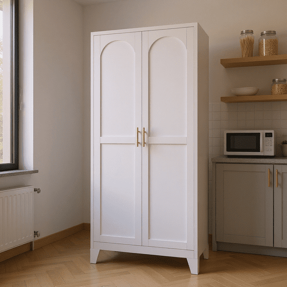Homy Casa Slim Pantry Cabinet with Adjustable Shelves, 2-Door Kitchen Storage, White