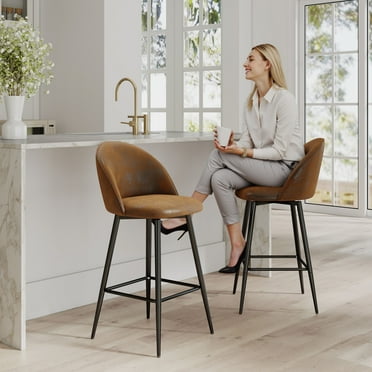 Homy Casa 26" Swivel Counter Height Bar Stools, Set of 2, Brown Faux Suede