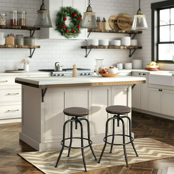 Homy Casa Swivel Bar Stools Adjustable Height Counter Stools with Wood Seat, Set of 2, Walnut