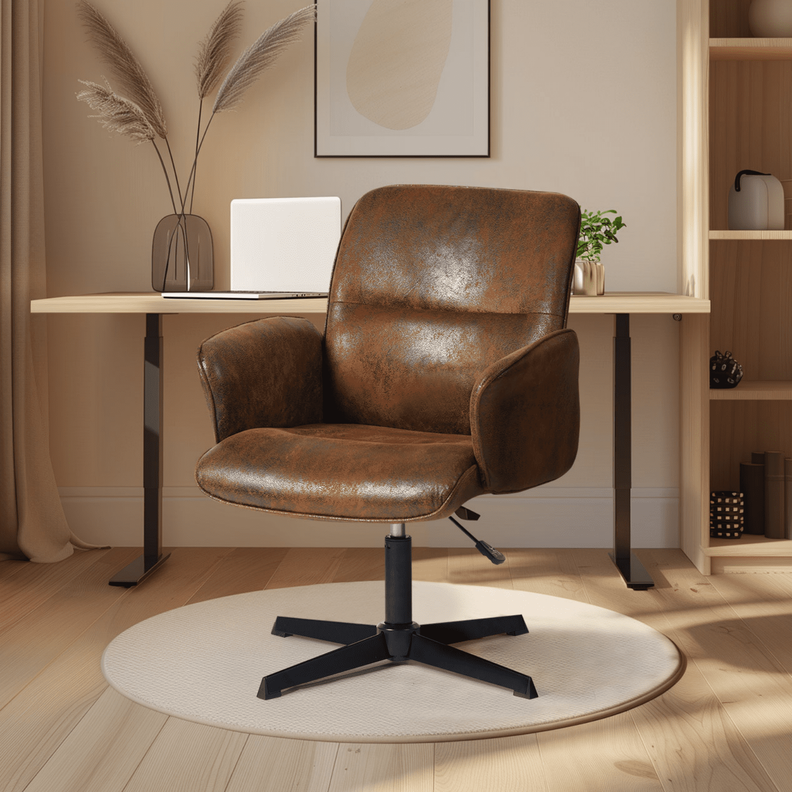 Homy Casa Swivel Office Chair, Modern Height Adjustable Home Desk Task Vanity Criss Cross Armchair No Wheels, Brown