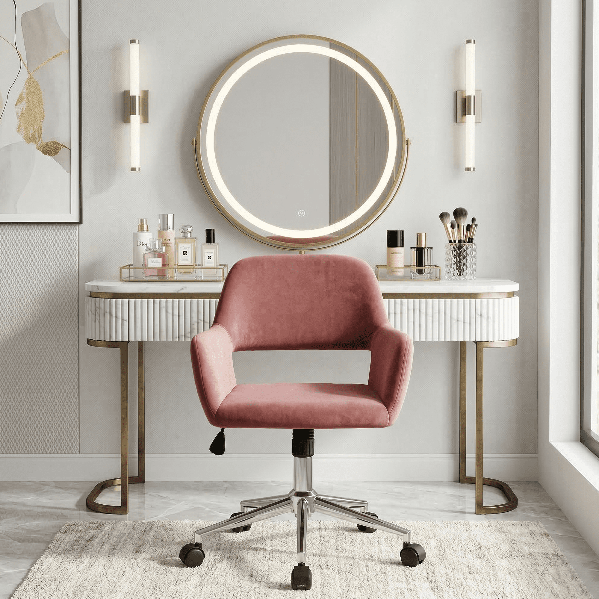 Homy Casa Swivel Office Chair, Adjustable Rolling Desk Chair for Meeting, Vanity or Meeting, Beige