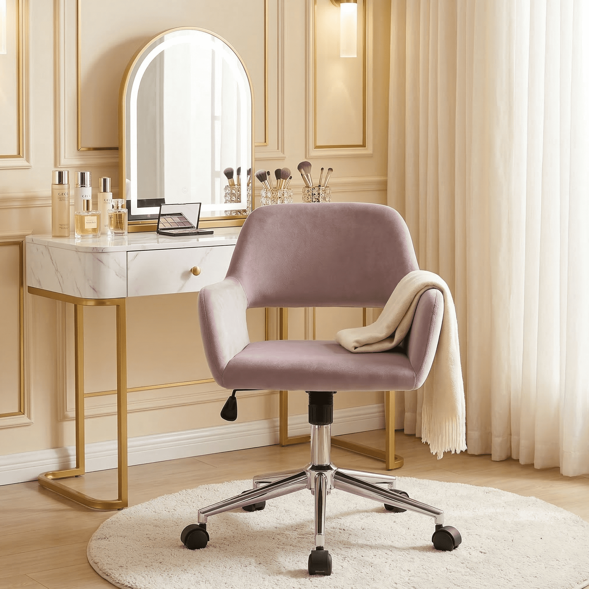 Homy Casa Swivel Office Chair, Adjustable Rolling Desk Chair for Meeting, Vanity or Meeting, Beige