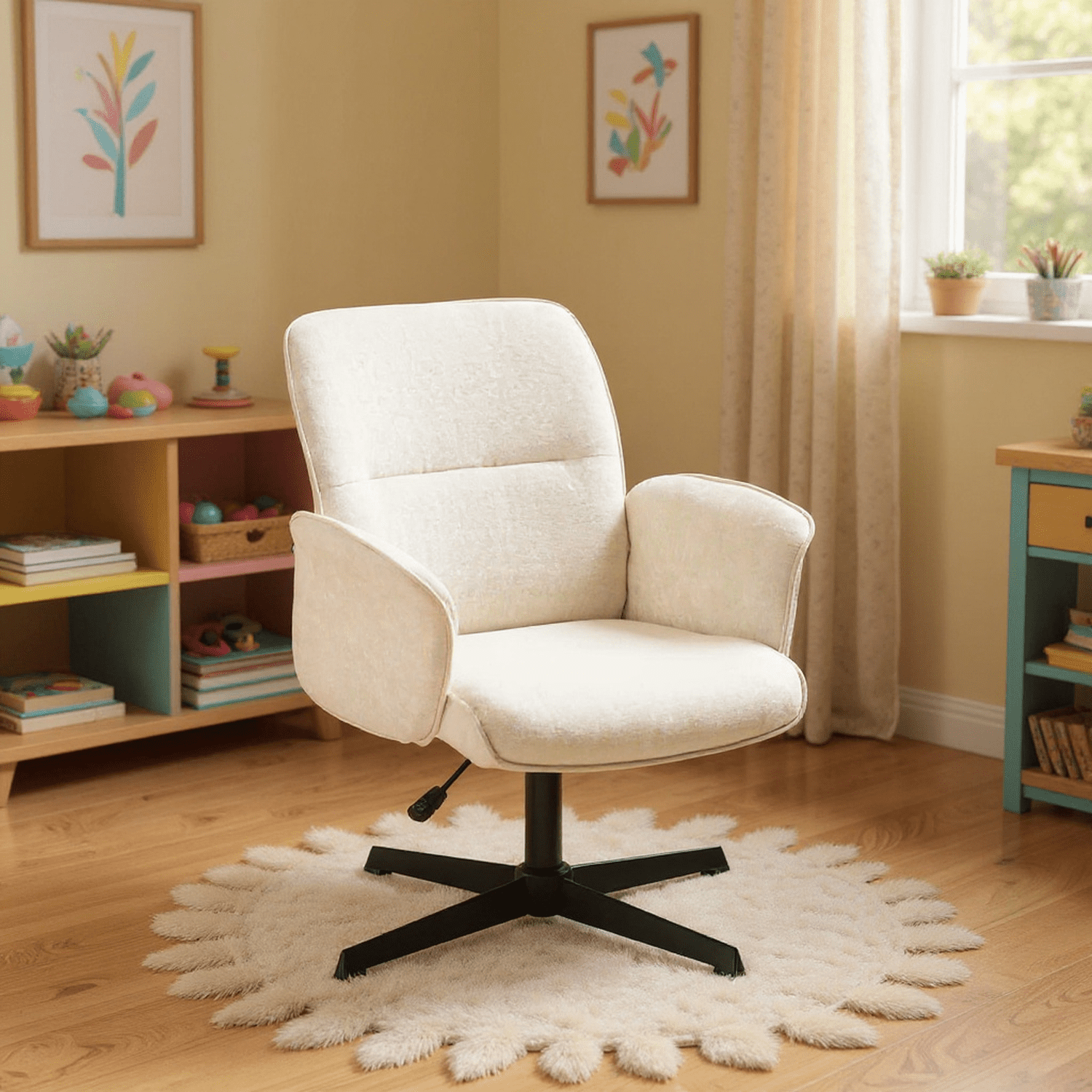 Homy Casa Off White Upholstered Swivel Desk Chair with Arms and Adjustable Height for Vanity