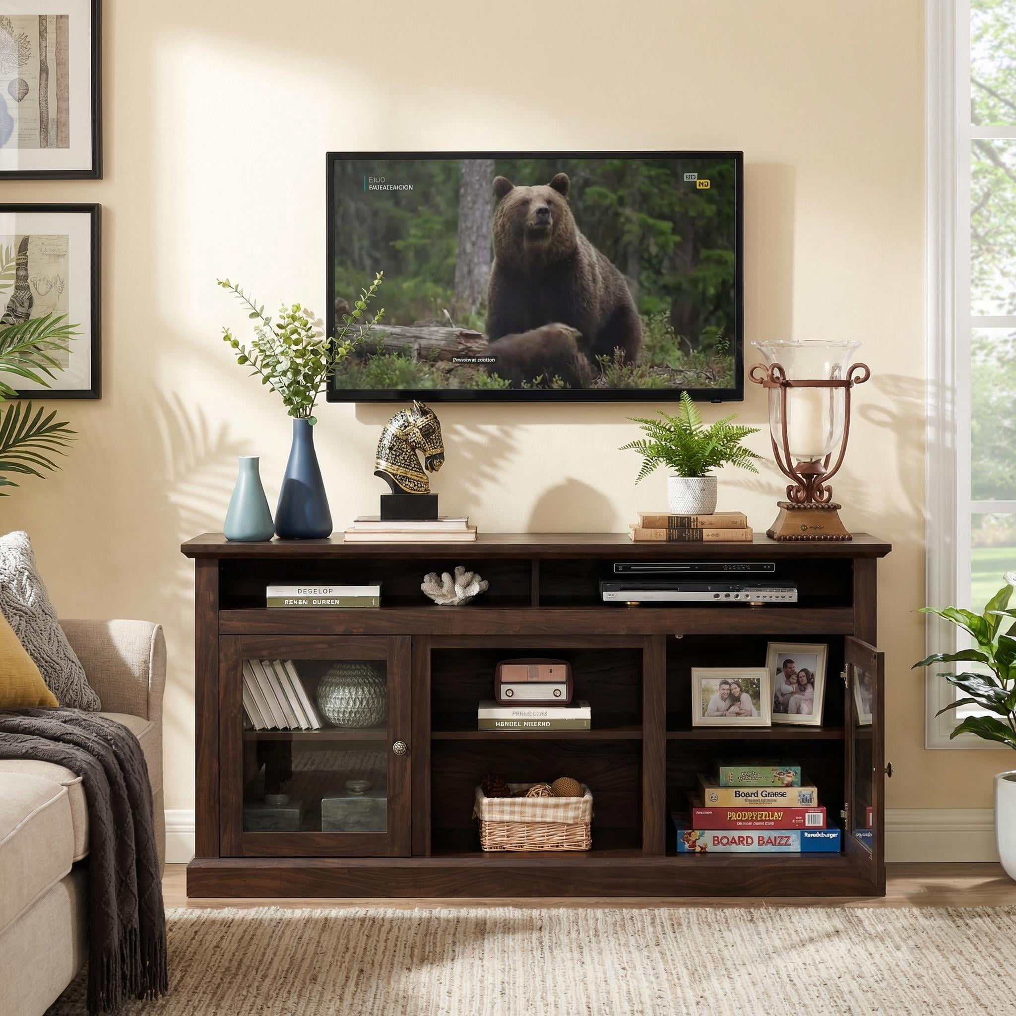 Homy Casa TV Stand for 65 Inch TV with Storage Cabinets and Cable Management for Living Room, Brown