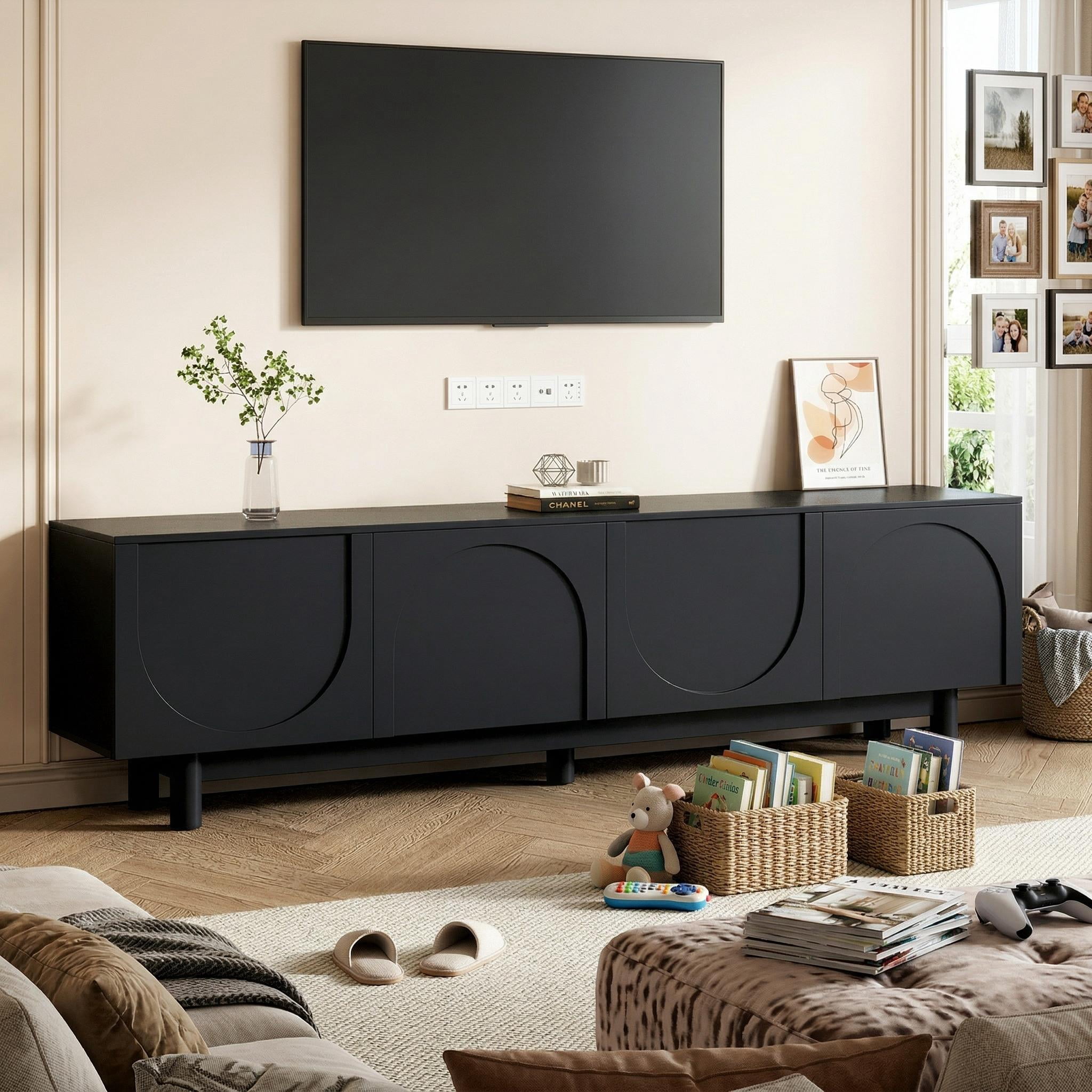 Homy Casa TV Stand for TVs up to 75", Black Entertainment Center with Storage Cabinets