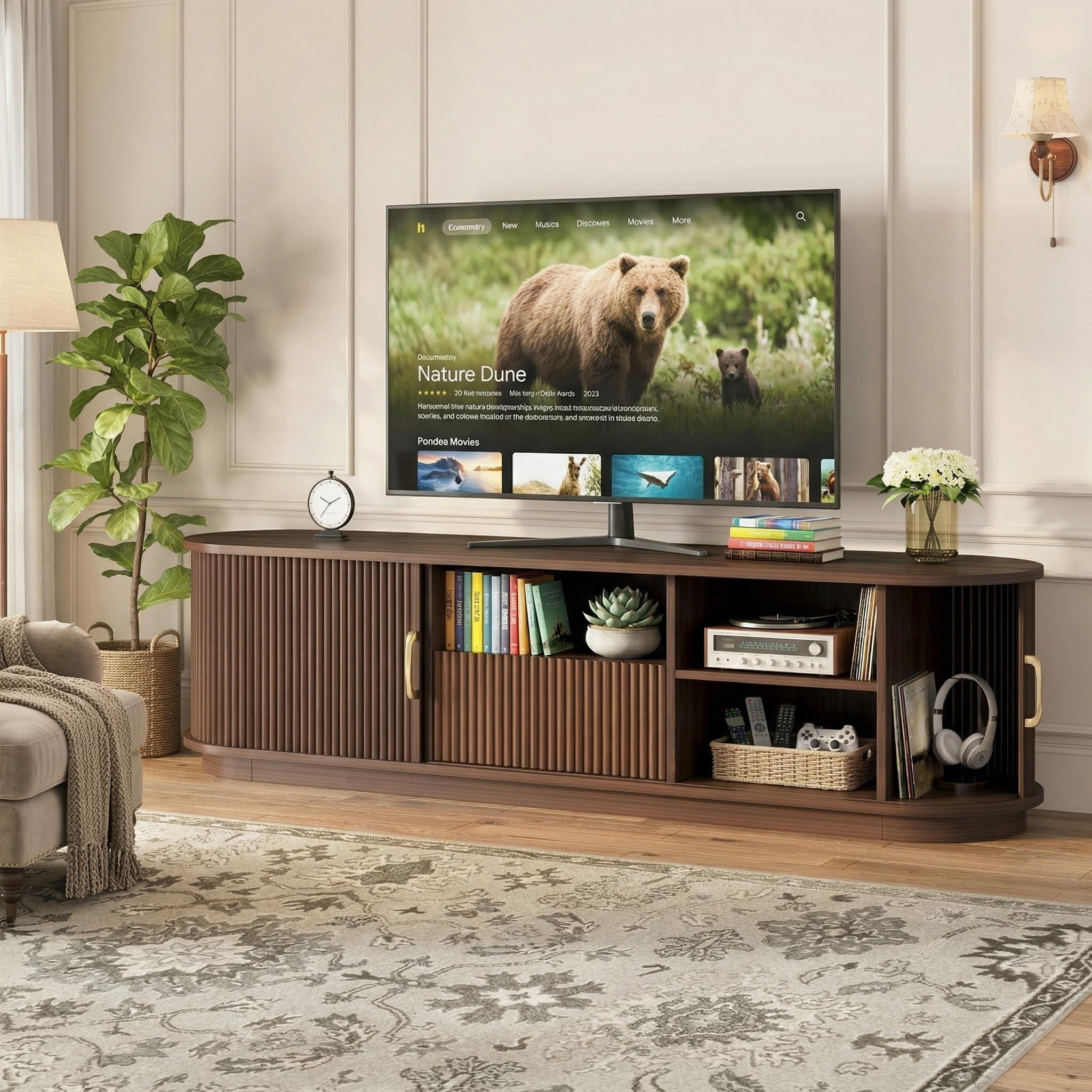 Homy Casa TV Stand for TVs up to 75", Fluted Sliding Door Entertainment Center with Adjustable Shelves