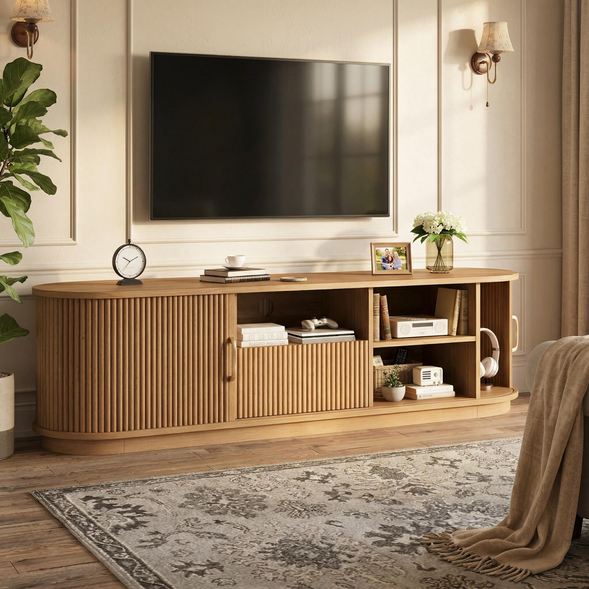 Homy Casa TV Stand for TVs up to 75", Mid Century Entertainment Center with Sliding Doors