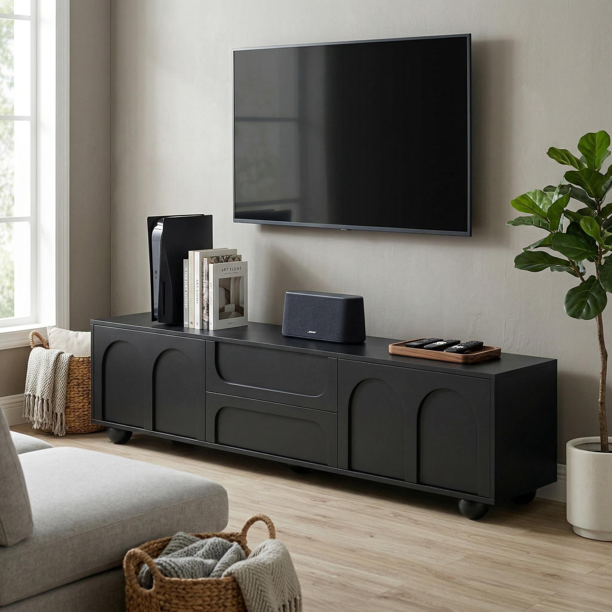 Homy Casa TV Stand for TVs up to 75", Modern Black Entertainment Center with Drawers