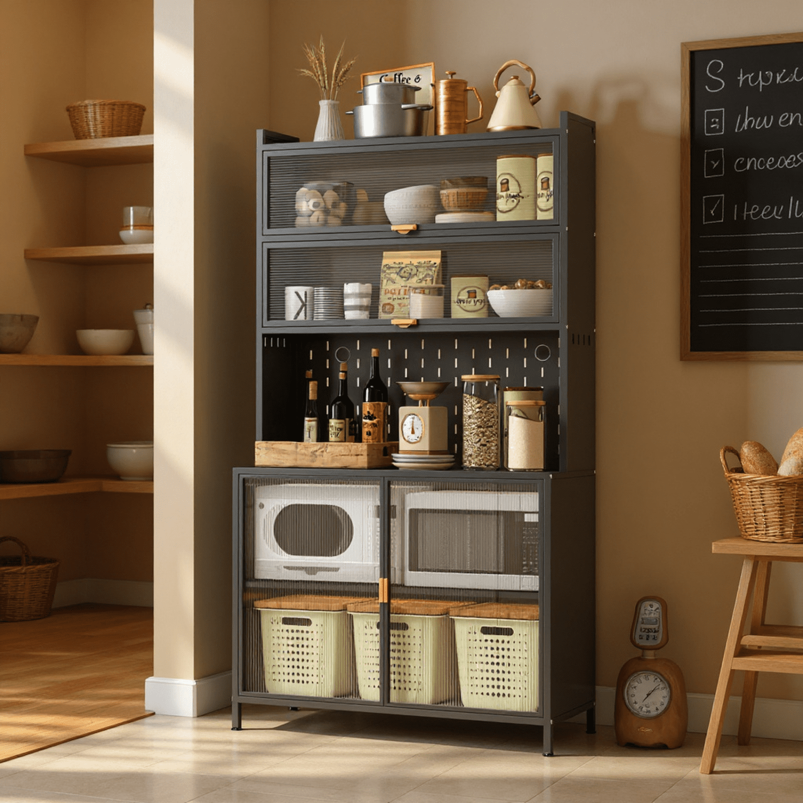 Homy Casa Tall Pantry Cabinet with Glass Sliding Doors and Multi-Layer Storage for Kitchen, Gray