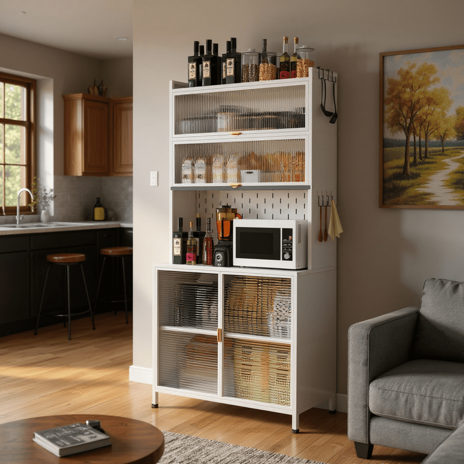 Homy Casa Tall Pantry Cabinet with Glass Sliding Doors and Multi-Layer Storage for Kitchen, White