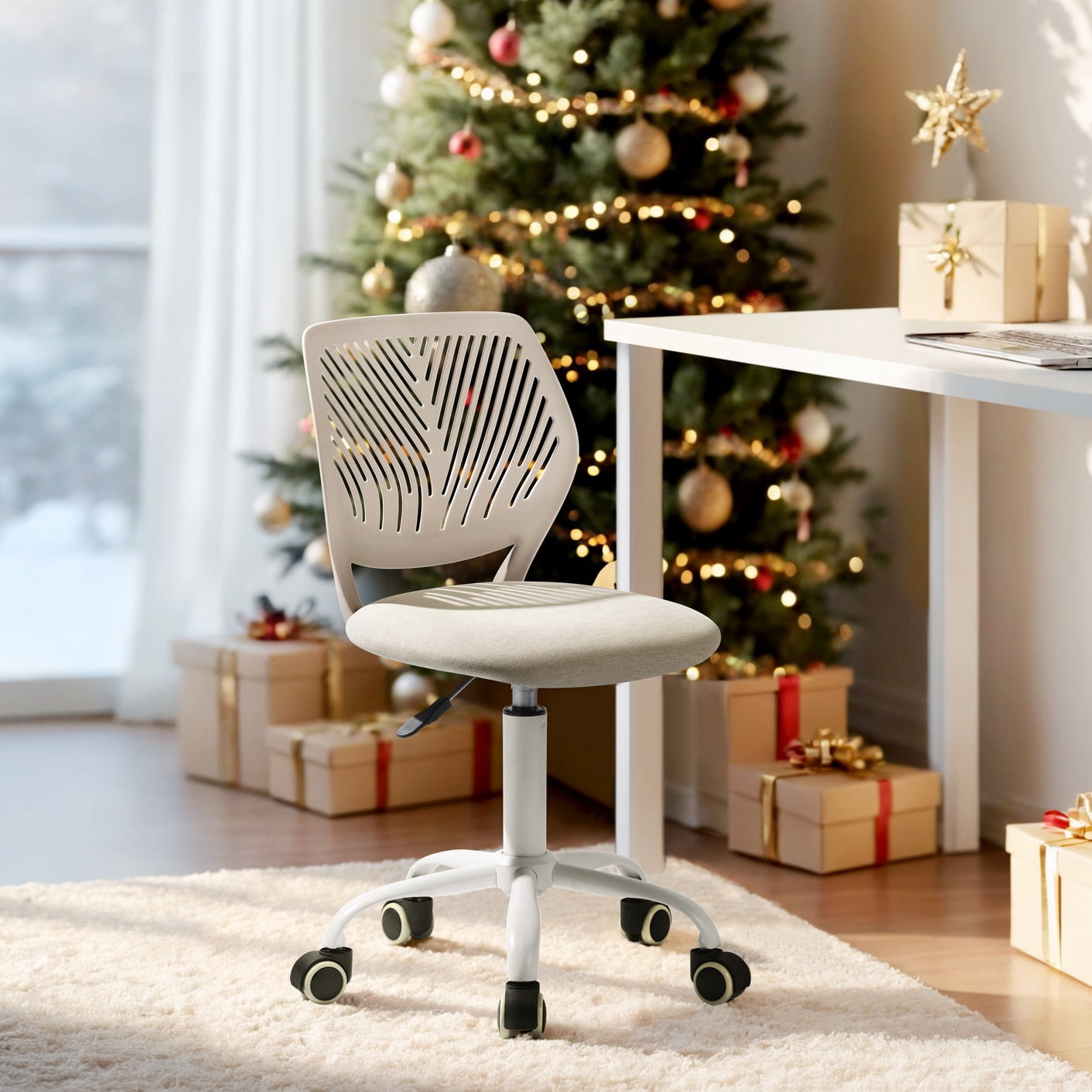 Homy Casa Teens Study Chair, Ergonomic Mid Mesh Back for Kids Children Study, Morandi Beige